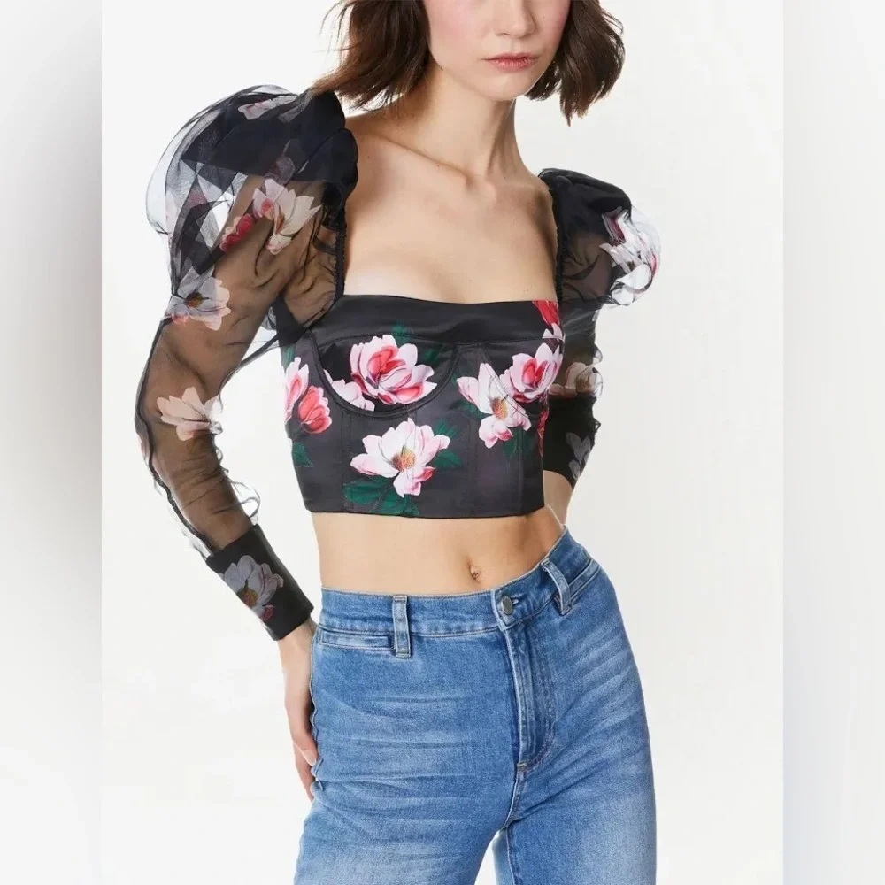 Alice + Olivia Floral Puff Sleeve Sheer Crop Top - Picture 10 of 11